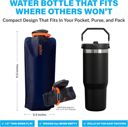 Vapur Collapsible Water Bottle with Carabiner - 34oz (1L), Night Blue - Flexible and Lightweight Water Bottle for Travel, Concert, Hiking, and Outdoor Adventures - BPA-Free, Dishwasher-Safe, Freezable