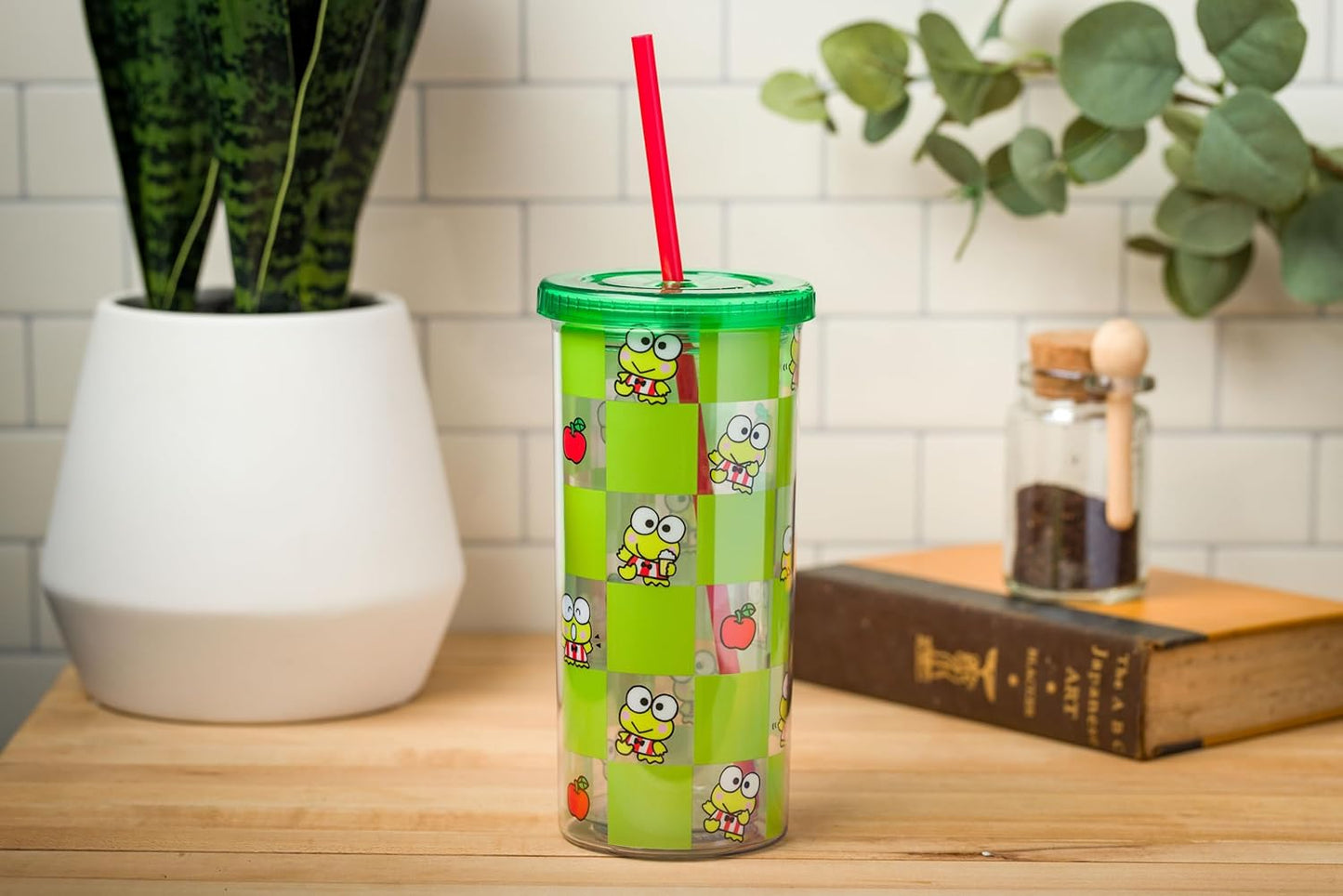 Silver Buffalo Sanrio Hello Kitty Milk Carton Pattern Plastic Boba Tumbler w Lid and Wide Straw, 24 Ounces