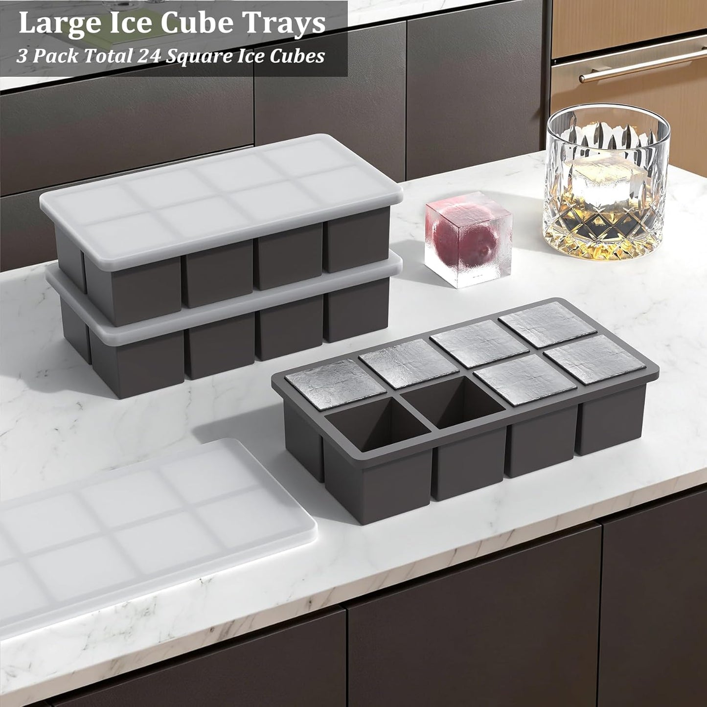 Bangp Large Ice Cube Tray for Whiskey,2 Pack Stackable Big Ice Cube Molds Make 16 Big Whiskey Ice Cubes,Easy Release Square Ice Cube Maker for Cocktails,Whiskey,Soups and Frozen Treats