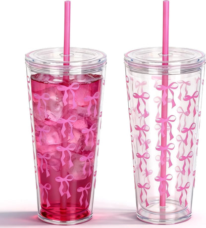 24oz Tumbler with Lid and Straw, Leak Proof and Double Wall Insulated Reusable Plastic Cups,Travel Reusable Iced Coffee Cup (1, Pink)