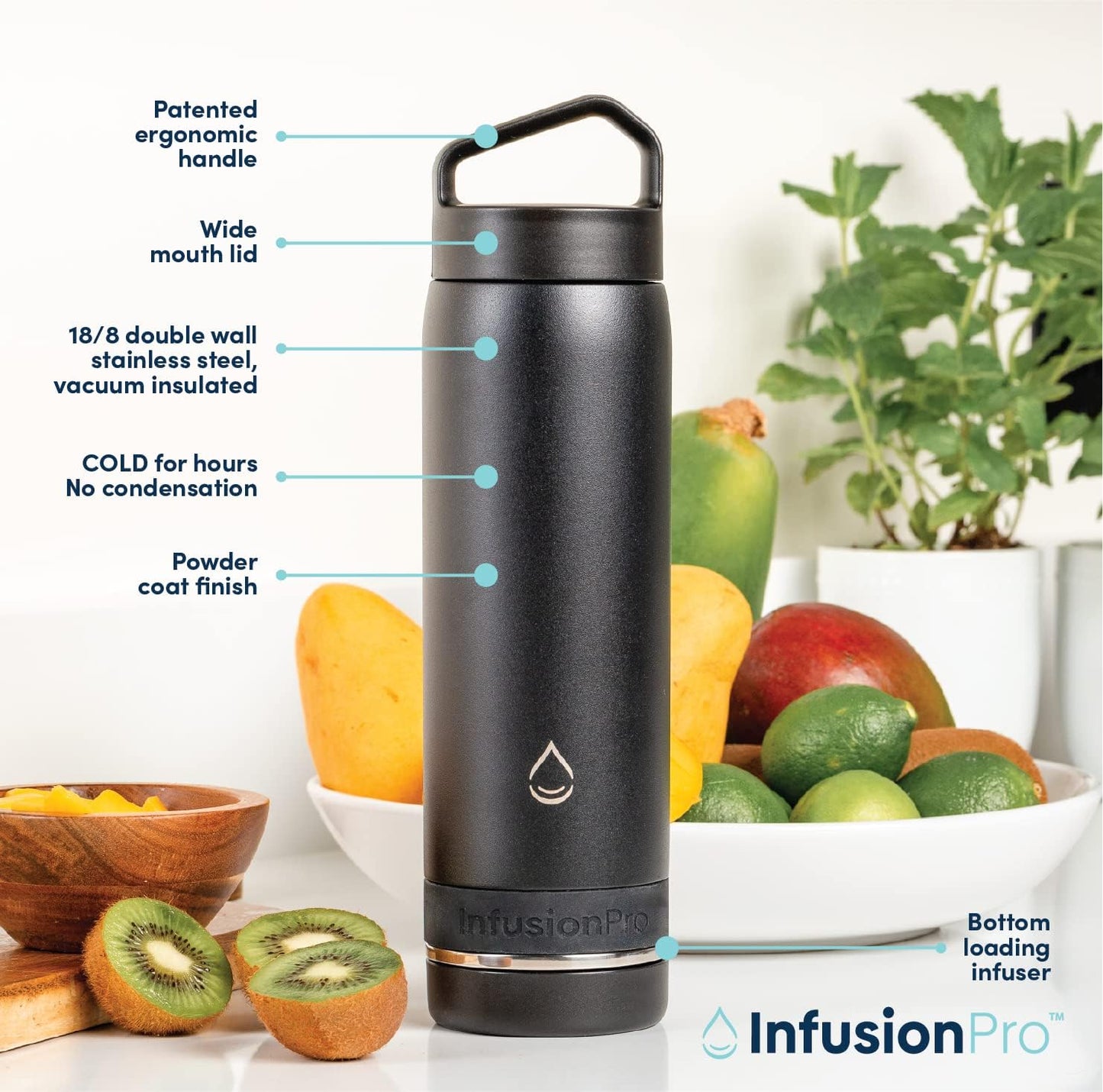 Infusion Pro Fruit Infuser Water Bottle with Straw Lid (32 oz) Stainless Steel Vacuum Insulated : 50 Recipe Fruit Infusion eBook : More Flavor : Easy Cleaning : Great Gift