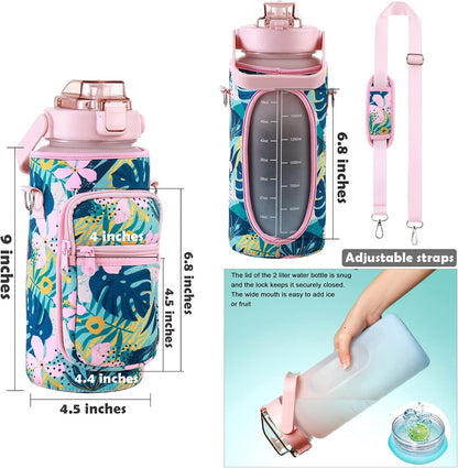 Large Motivational Water Bottle with Straw Time Marker BPA Free for Sport and Fitness (Pink Blue, 64 Oz / Half Gallon)