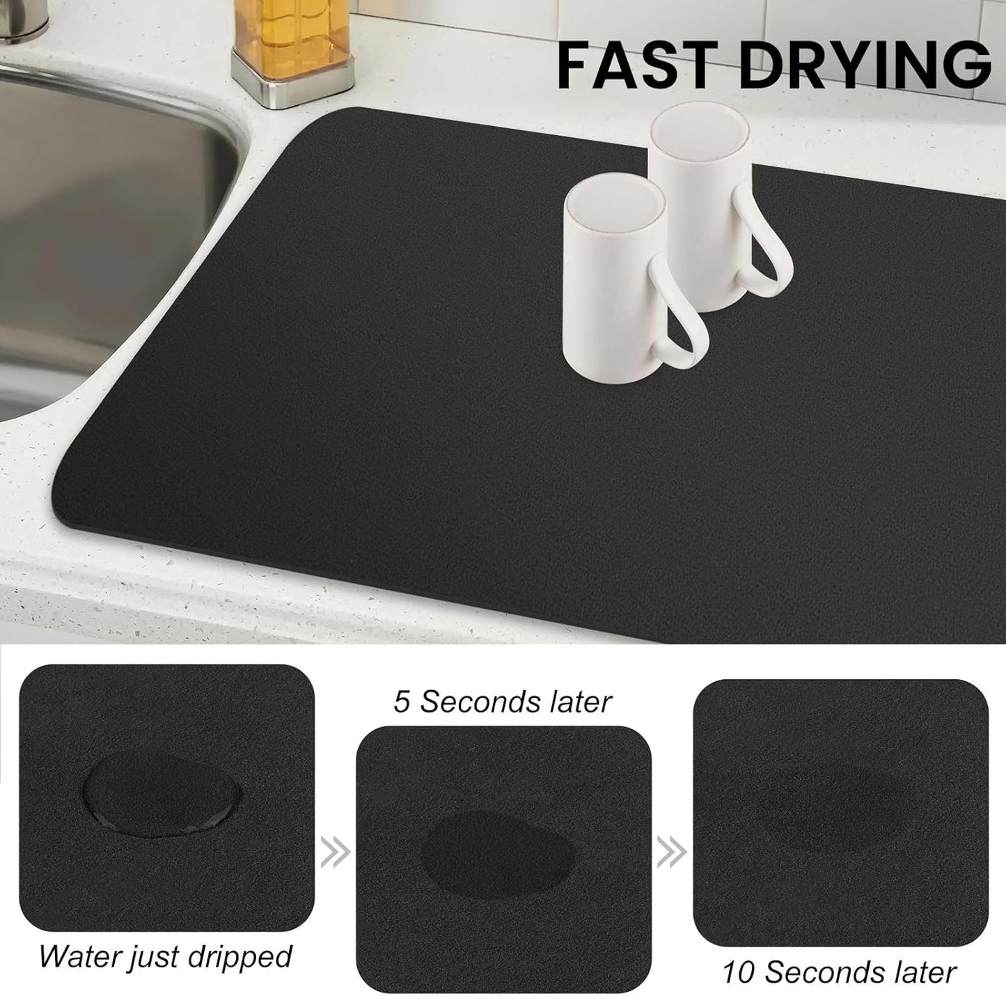 WISELIFE Dish Drying Mat Super Absorbent Drying Mat Large Dish Drying Mats for Kitchen Counter Easy Clean Dish Mat Kitchen Drying Mat15"x 18" Stylish Grey