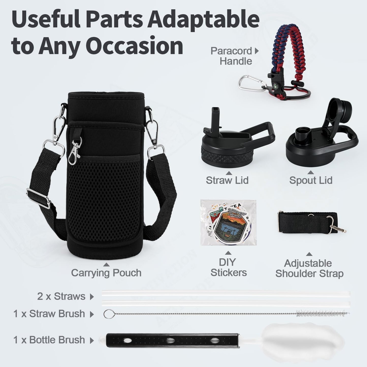 WixByti 40 oz Insulated Water Bottle with Straw (Cold for 36 Hrs), Stainless Steel Triple Wall Vacuum Sports Water Jug, Leakproof Hydro Cup Flask with Paracord Handle & Straw Spout Lids & DIY Stickers