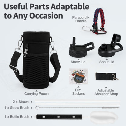 WixByti 40 oz Insulated Water Bottle with Straw (Cold for 36 Hrs), Stainless Steel Triple Wall Vacuum Sports Water Jug, Leakproof Hydro Cup Flask with Paracord Handle & Straw Spout Lids & DIY Stickers