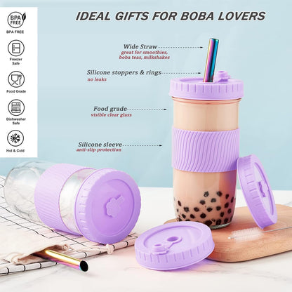 Amyoole 2 Pack Reusable Boba Cup, 24Oz Wide Mouth Smoothie Cup,mason Jar Glass Cups with Lids and Straws,Bubble/Boba Tea Cups,Ice Coffee Tumbler 2 colored straws 1 sponge brush(Pink)