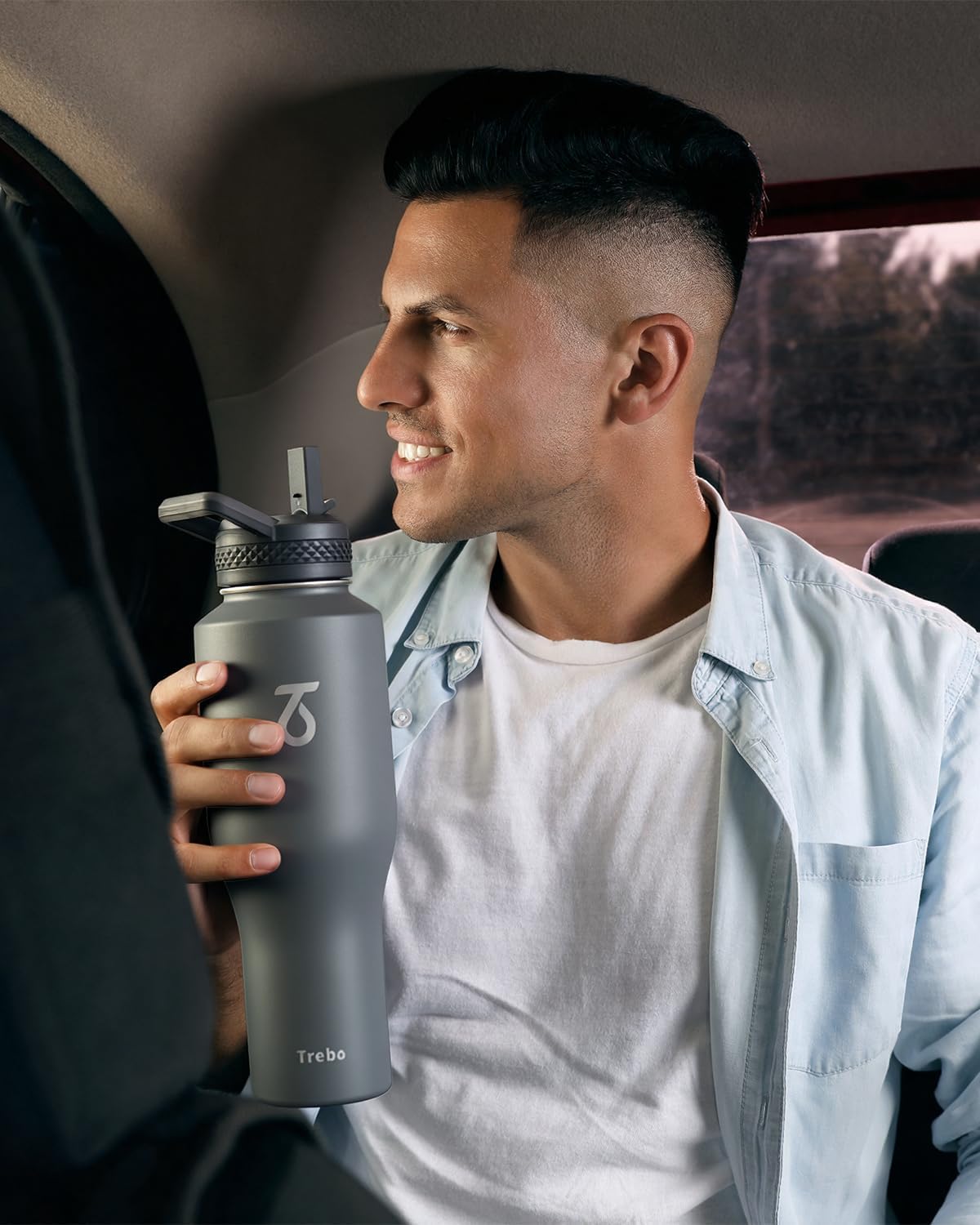 Trebo 40 oz Water Bottle Insulated Fit Car Cup Holder with Handle, Stainless Steel Water Bottles Tumbler with Spout Straw Lids, Double Wall Travel Reusable Flask, Leakproof Mug,Keep Cold &Hot,Black