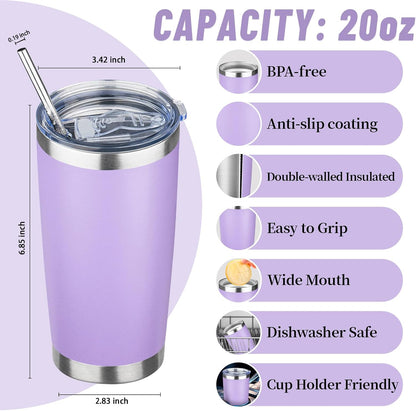 20 oz Tumbler with Lids and Straws, Stainless Steel Insulated Travel Coffee Mug, Double Wall Vacuum Insulated Tumblers, Powder Coated Coffee Tumbler for Cold & Hot Drinks (Light Purple)