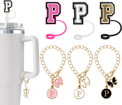 （3 +3) 3PCS Nuozme Straw Cover 10mm For Stanley Tumbler Cup Reusable Straw Cap Topper with 3 Initial Letter Charms Accessories Name ID Personalized Handle Charm For Stanley 30&40 Oz Cup Tumbler - Colors B