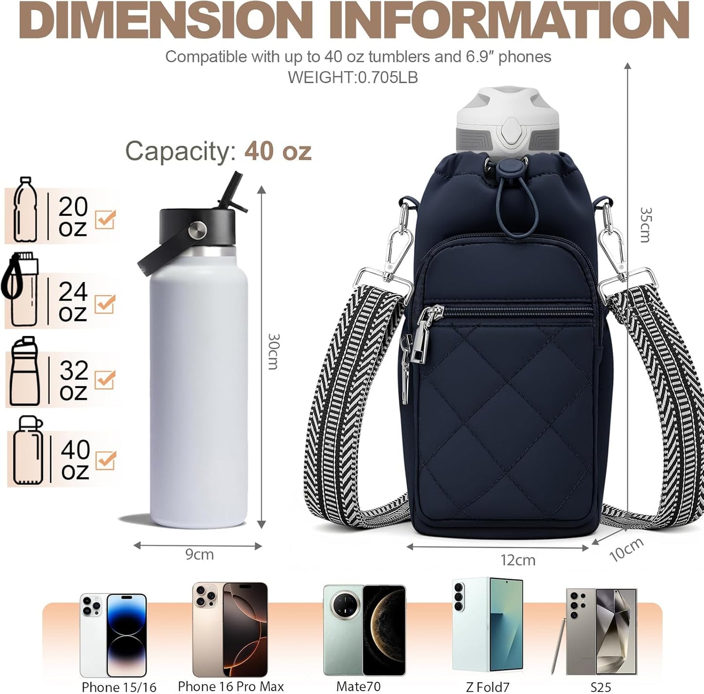 SYTRAH Water Bottle Carrier Bag with Strap, Water Bottle Purse with Phone Pocket 40oz for Walking Hiking