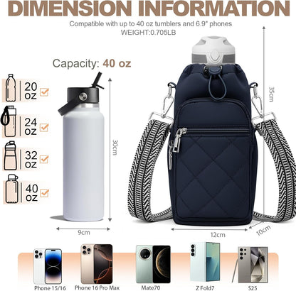 SYTRAH Water Bottle Carrier Bag with Strap, Water Bottle Purse with Phone Pocket 40oz for Walking Hiking