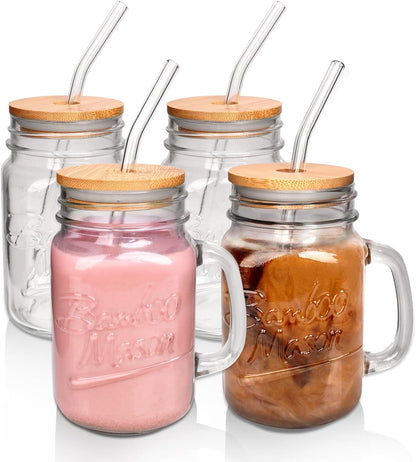 ANOTION Mason Jar Iced Coffee Cup with Lid and Straw, 24oz Regular Mouth Mason Jars with Handle Glass Coffee Drinking Glasses Tumbler Reusable Cups Bottles for Iced Coffee Cups for Travel Office Home