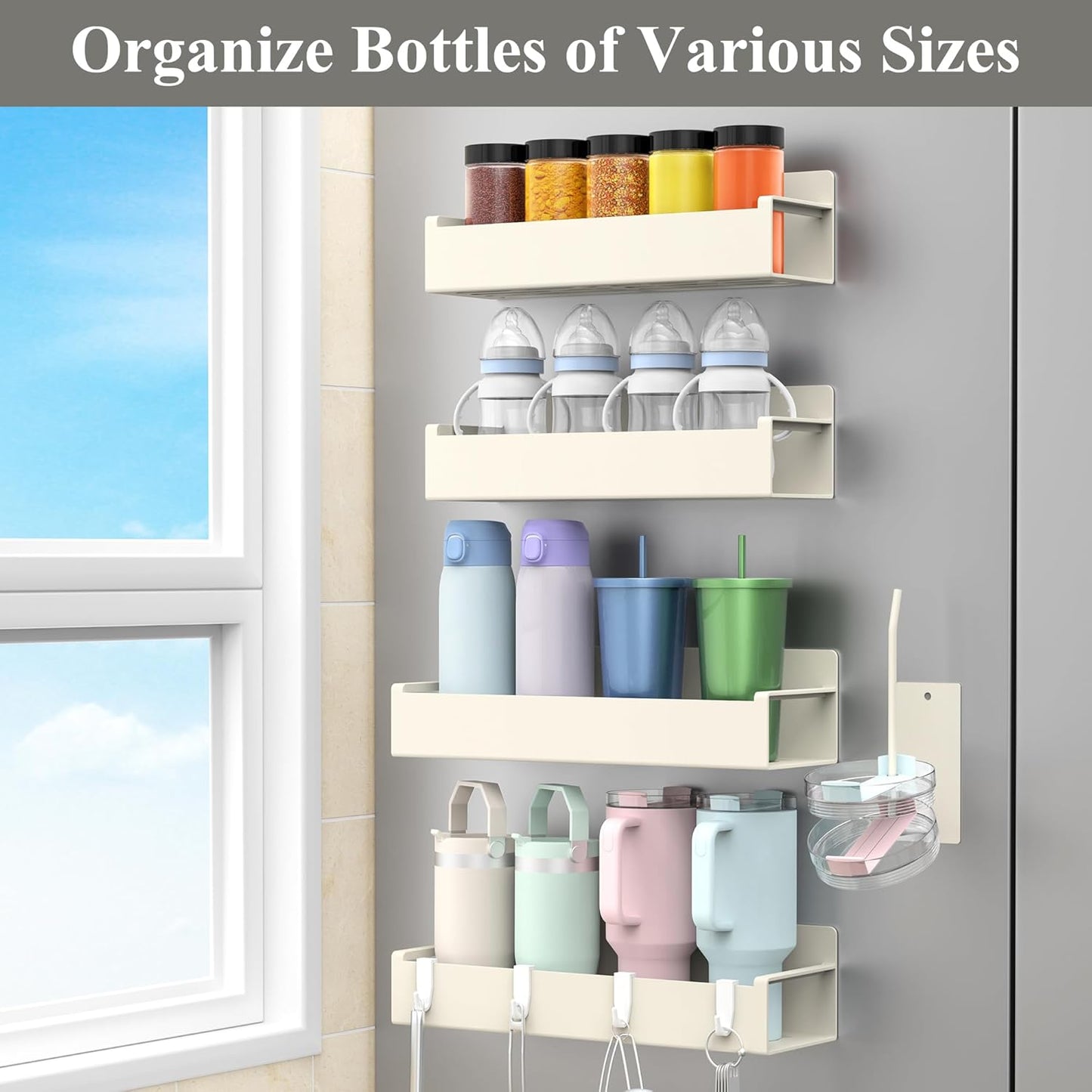 HuggieGems Magnetic Water Bottle Holder for Refrigerator, Cup Holder Organizer for Stanley and Tumbler for Kitchen, 4 Pack, Black