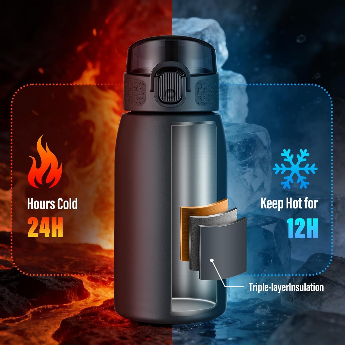 Insulated Water Bottle 24 oz with Dustproof Lid, Carry Handle & Tea Infuser, BPA-Free & Leakproof, Stainless Steel Water Bottles Ideal for Fitness, Hiking, Office & Outdoor Use (Black)