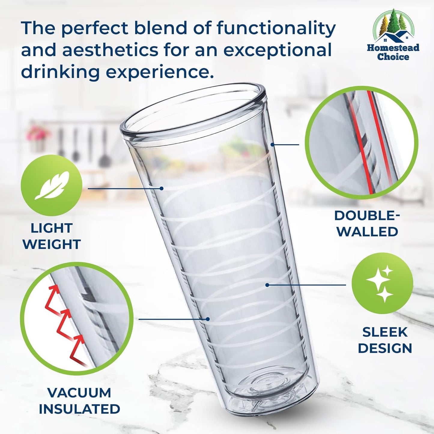 Homestead Choice 16oz Insulated Tumblers Plastic Keeps Drinks Cold & Hot, 4pack Double Walled Clear Insulated Drinking Glasses Cup, BPA-Free, Reusable, Camping, Travel, Kitchen, Party