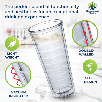 Homestead Choice 16oz Insulated Tumblers Plastic Keeps Drinks Cold & Hot, 4pack Double Walled Clear Insulated Drinking Glasses Cup, BPA-Free, Reusable, Camping, Travel, Kitchen, Party