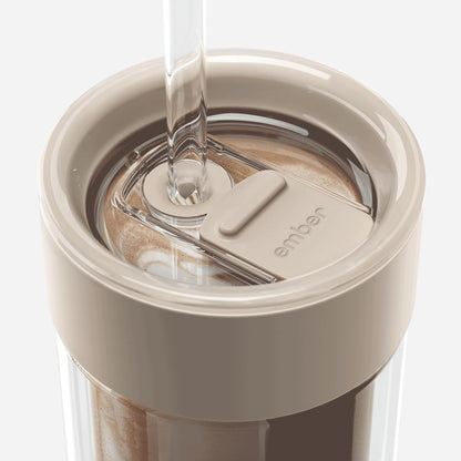 Ember Cold Tumbler 16 oz – Insulated Glass Iced Coffee Cup with Straw & Spill-Proof Lid, Keeps Drinks Cold, Eliminates Condensation, Modern Double-Wall Design, Sandstone
