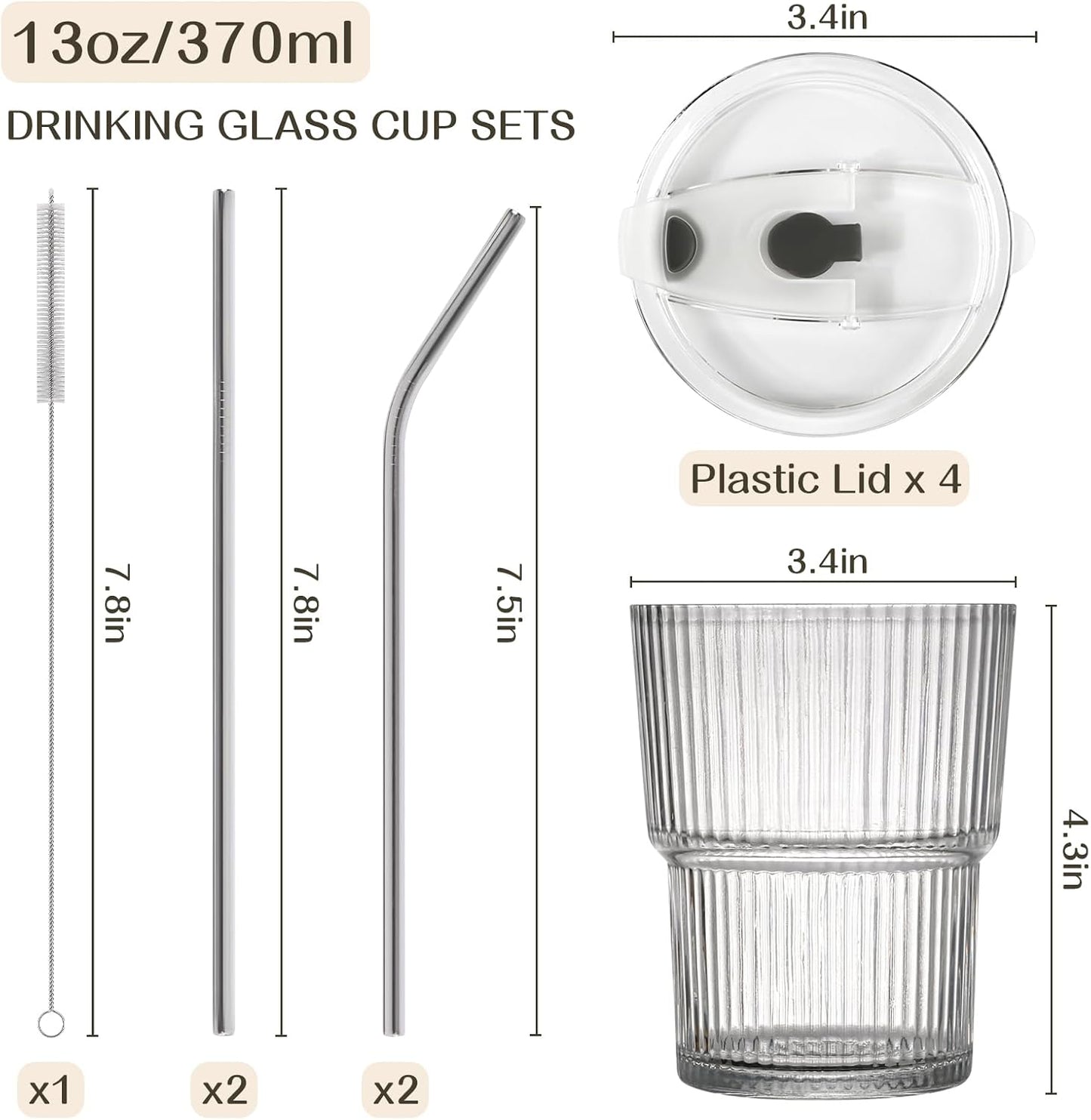 13oz Iced Coffee Cups,2Pcs Glass Cups with Lids and Straws Drinking Glasses,Clear Ribbed Glassware,Reusable Tumbler Glass to Go Cup for Matcha, Iced Tea,Juice