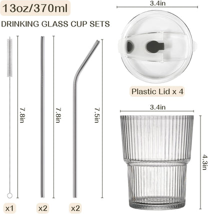 13oz Iced Coffee Cups,2Pcs Glass Cups with Lids and Straws Drinking Glasses,Clear Ribbed Glassware,Reusable Tumbler Glass to Go Cup for Matcha, Iced Tea,Juice
