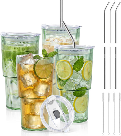 4 Pcs 20oz Plastic Ribbed Tumblers with Lid and Straws Blue Plastic Reusable Iced Coffee Cups with Lid Unbreakable Vintage Ribbed Drinking Glasses Tumbler for Juice Smoothie Beverage with Clean Brush