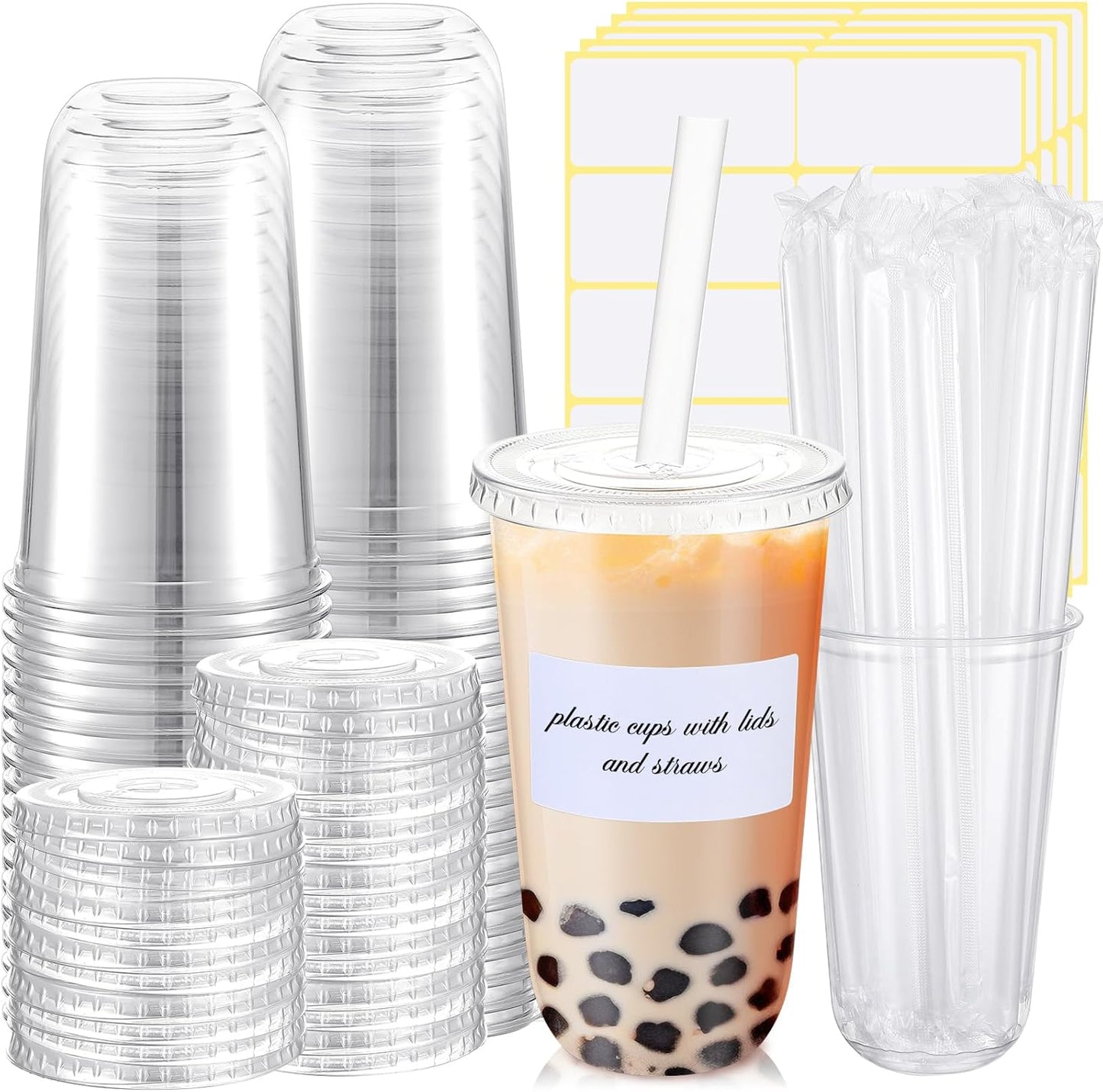 Ziliny 50 Sets Crystal Clear Plastic Cups with Lids, Straws and Stickers, Disposable Iced Coffee Cups Thickened PET for Iced Coffee, Bubble BobaTea, Smoothie, Cold Drinks, Juice, Shops (12 oz)