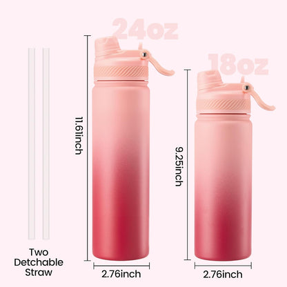 Fijinhom 18 oz Insulated Water Bottle, 2-in-1 Straw and Spout Lid Stainless Steel Thermos, Leak-Proof, Double Wall Vacuum Flask, Keep Cold 24H for Outdoor, Sports, Travel, School (Black)