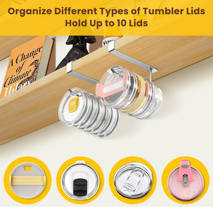 2 Pack Tumbler Lid Organizer, Under Cabinet Cup Lid Holder for Yeti Insulated Mug/Stanley Insulated Mug/Simple Modern Insulated Mug Lid, No Gluing, No Drilling, Up to 10 Lids (Black)