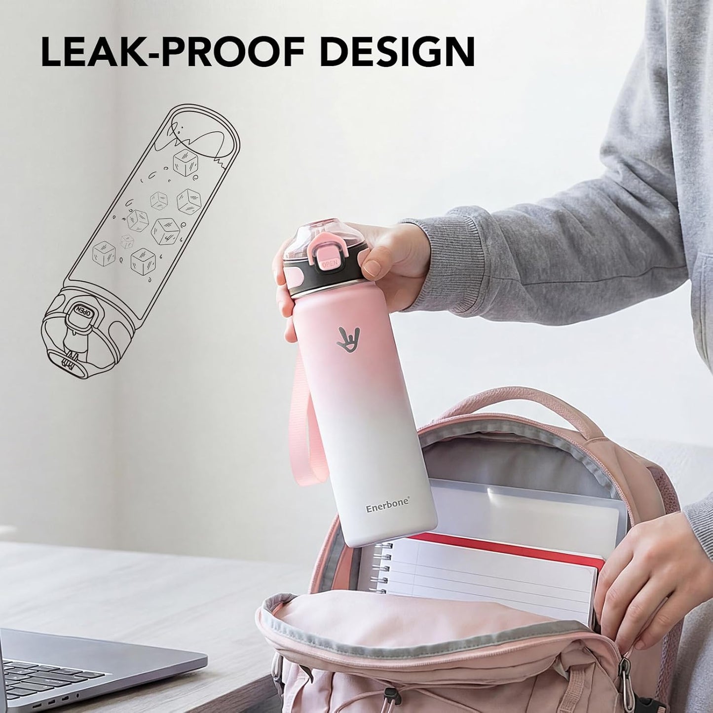 Enerbone 24 oz Insulated Water Bottle, Stainless Steel Bottle with Carrying Strap, Double-Wall Vacuum Insulation Design, Leakproof Sports Bottle with Straw, Keep Drinks Cold or Hot for Hours
