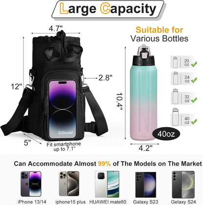 Water Bottle Holder with Strap, 4 Big Pockets with Compartment, 24oz/32oz/40oz Crossbody Water Bottle Carrier Bag