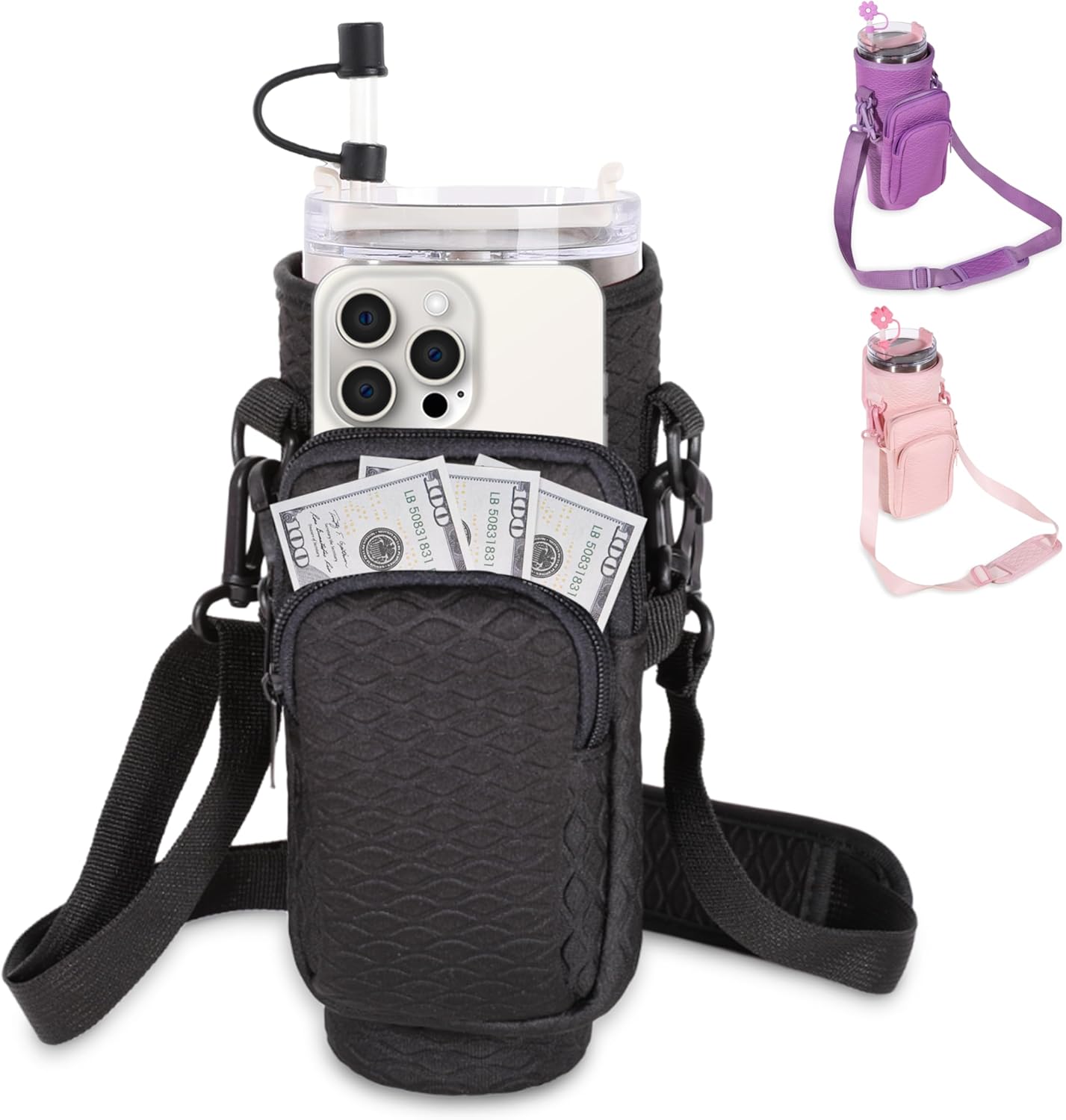 &And Per Se Water Bottle Shoulder Bag with Phone Pocket, Compatible with Stanley 30oz Tumblers - Neoprene Carrier with Adjustable Strap & Charm Accessory (Black)