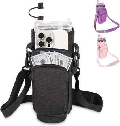 &And Per Se Water Bottle Shoulder Bag with Phone Pocket, Compatible with Stanley 30oz Tumblers - Neoprene Carrier with Adjustable Strap & Charm Accessory (Black)