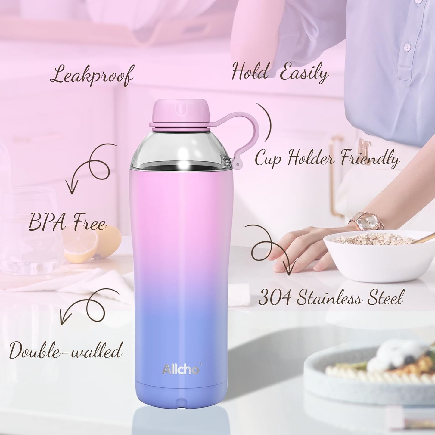 Allcho Insulated Water Bottle for Women, 18oz Stainless Steel Leak Proof Tumbler with 2 Lids, BPA-Free Tritan Chug & Straw Lid, Double Wall Vacuum Flask