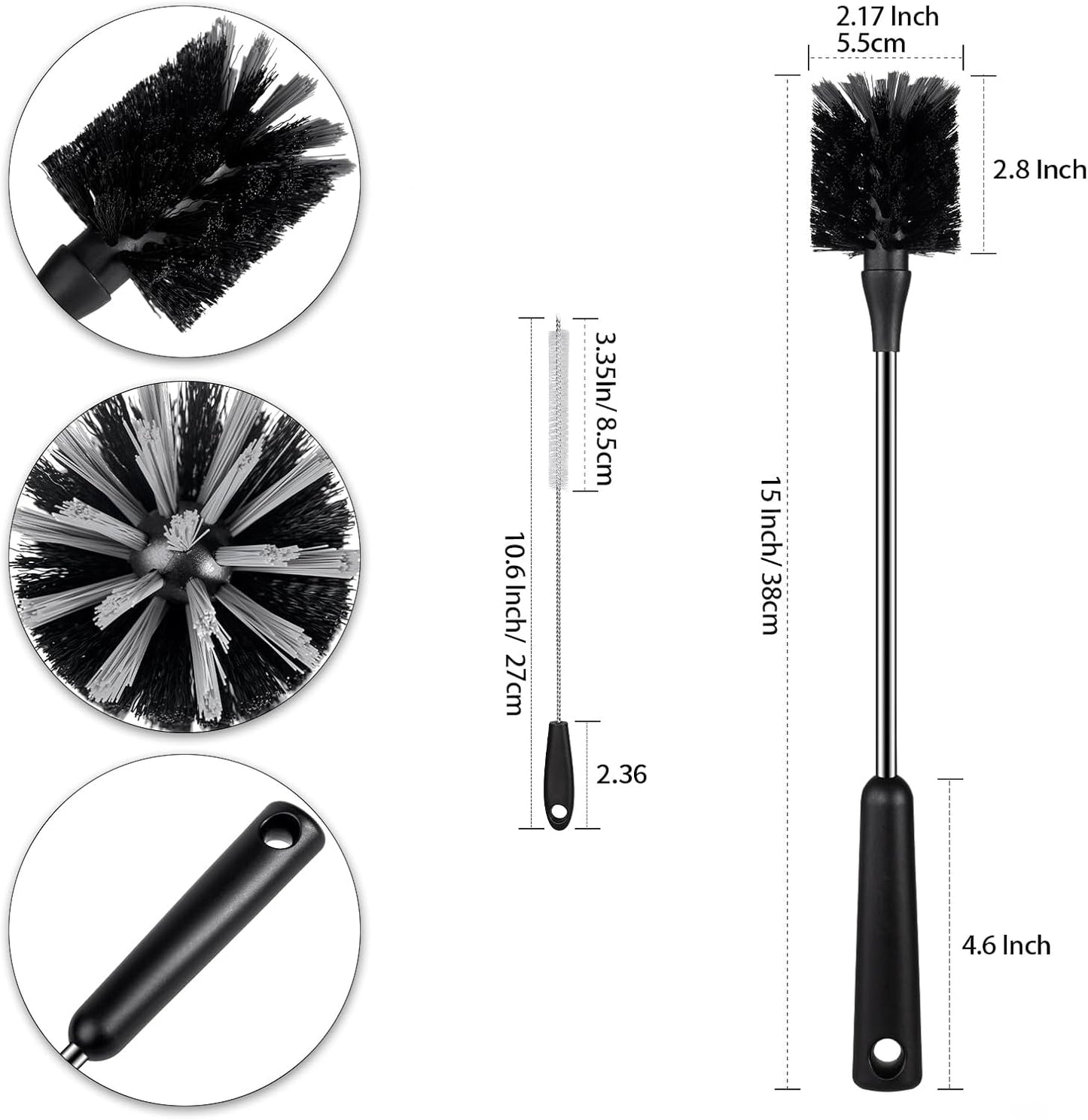Water Bottle Brush, 15 Inches Long Stainless Steel Handle Bottle Brush Cleaner, Bottle Scrubber, Kitchen Scrub Cleaning Brushes for Cup, Wine Glasses, Coffee Mugs, Tumblers, Wine Decanters, Black