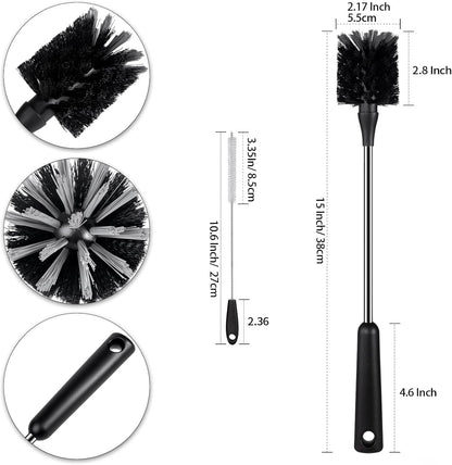 Water Bottle Brush, 15 Inches Long Stainless Steel Handle Bottle Brush Cleaner, Bottle Scrubber, Kitchen Scrub Cleaning Brushes for Cup, Wine Glasses, Coffee Mugs, Tumblers, Wine Decanters, Black