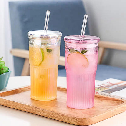 JunVpic Glass Cups with Lids and Straws,24oz Glass Tumbler with Handle Iced Coffee Cup for Coffee,Juice,Tea,Milk,Smoothie,Hot & Cold Drinks (Pink)