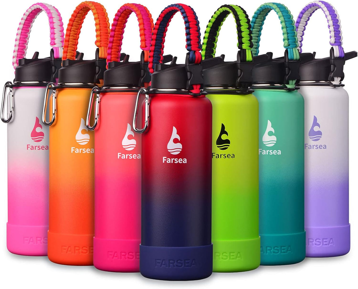 Farsea Insulated Water Bottle With Paracord Handle, Protective Silicone Boot and 2 Lids (Straw Lid & Spout Lid), Stainless Steel Water Bottle Wide Mouth, Double Wall Sweat-Proof BPA-Free, 24 oz