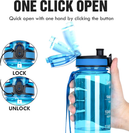 OLDLEY Water Bottle, 32oz Motivational Sports Water Bottle with Time Marker - Times to Drink - Tritan, BPA Free, Wide Mouth Leakproof, Clear (1 Bottle)