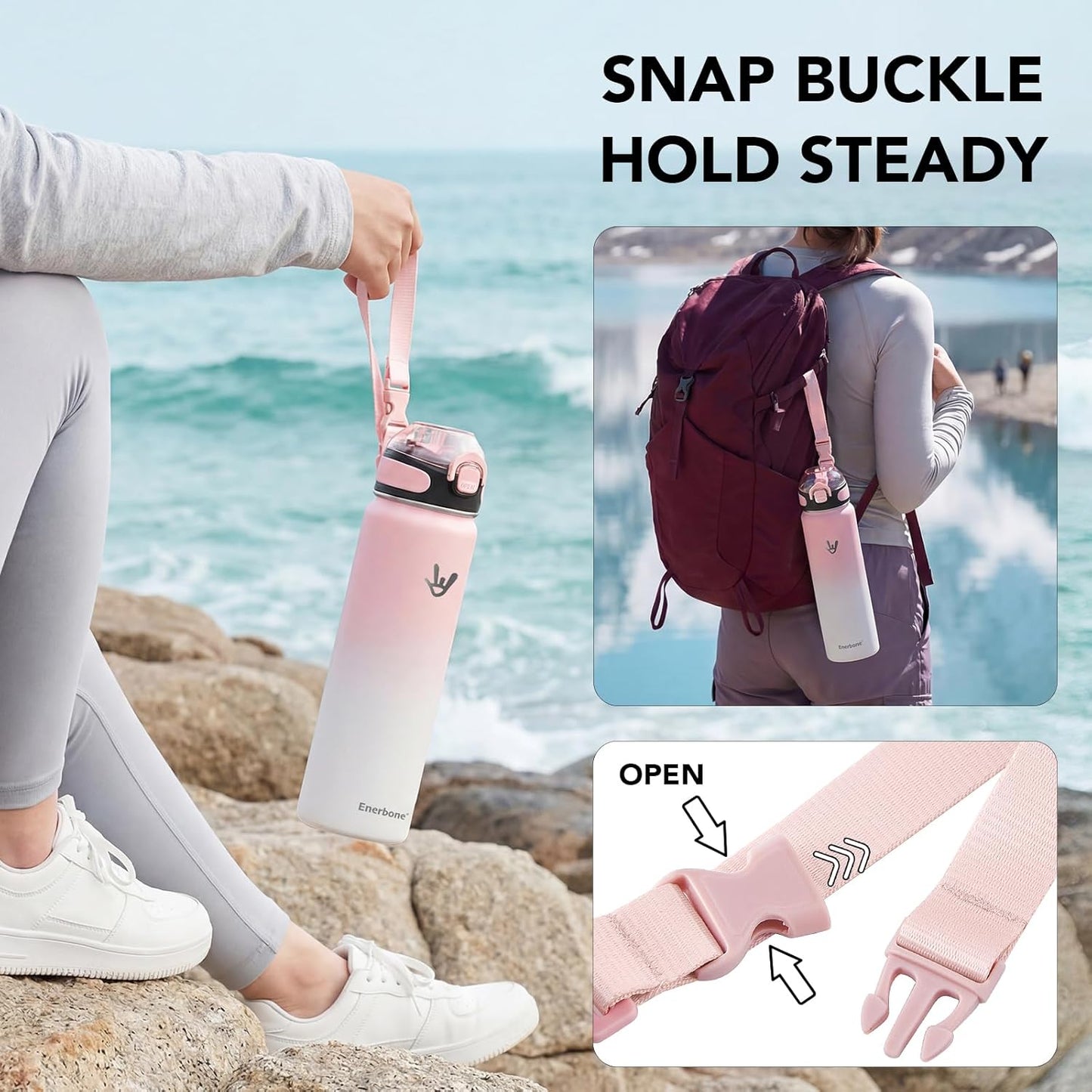 Enerbone 24 oz Insulated Water Bottle, Stainless Steel Bottle with Carrying Strap, Double-Wall Vacuum Insulation Design, Leakproof Sports Bottle with Straw, Keep Drinks Cold or Hot for Hours