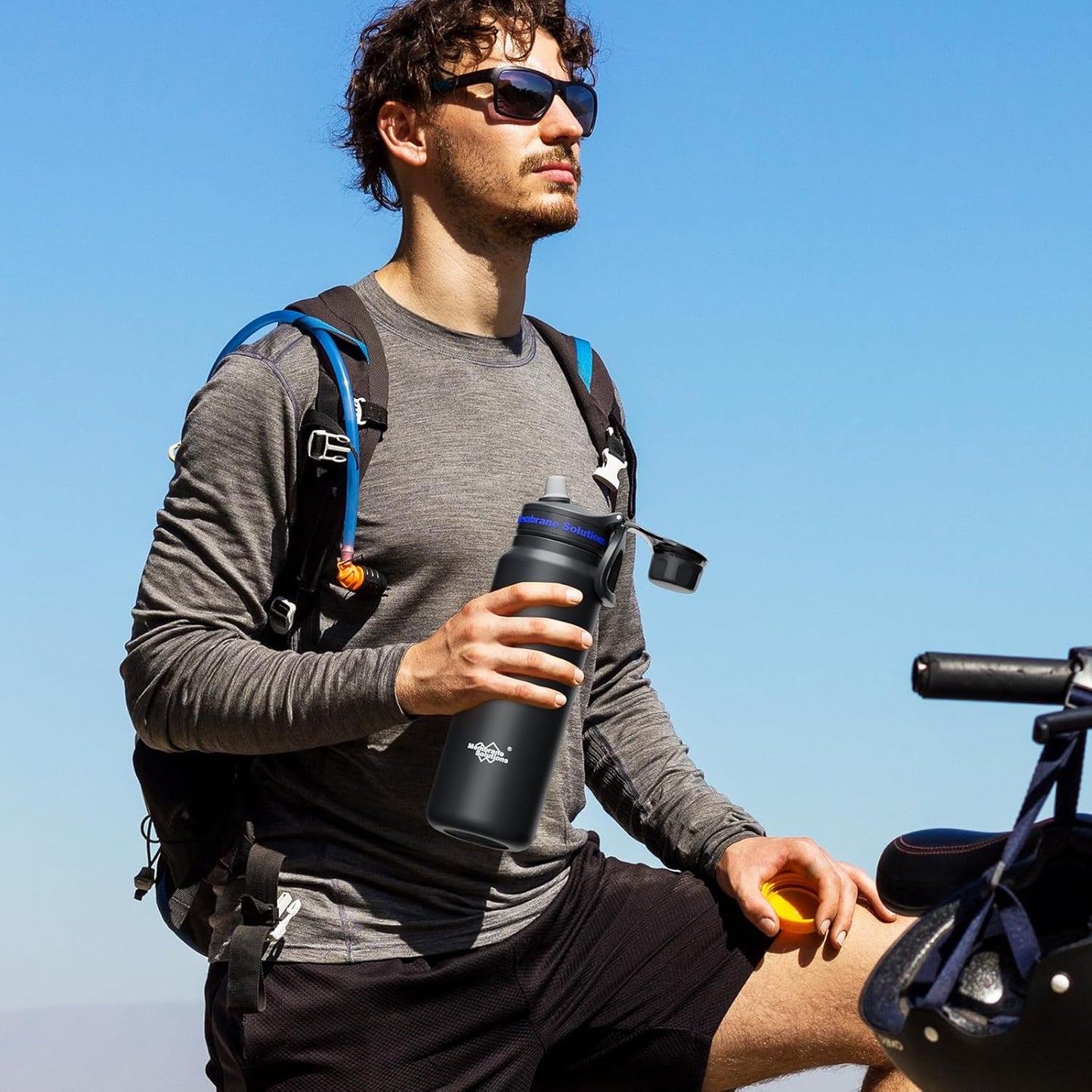 Membrane Solutions C3 Filtered Water Bottle, 32oz Stainless Steel Water Bottle with Replaceable UF+ACF Filter Cartridge, Portable Water Filter, Travel, Hiking & Camping for Drinking Water