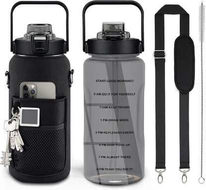 Half Gallon Water Bottle with Sleeve, 64OZ Motivational Water Bottle with Straw & Time Marker, BPA Free Leakproof Gym for Sport Workout