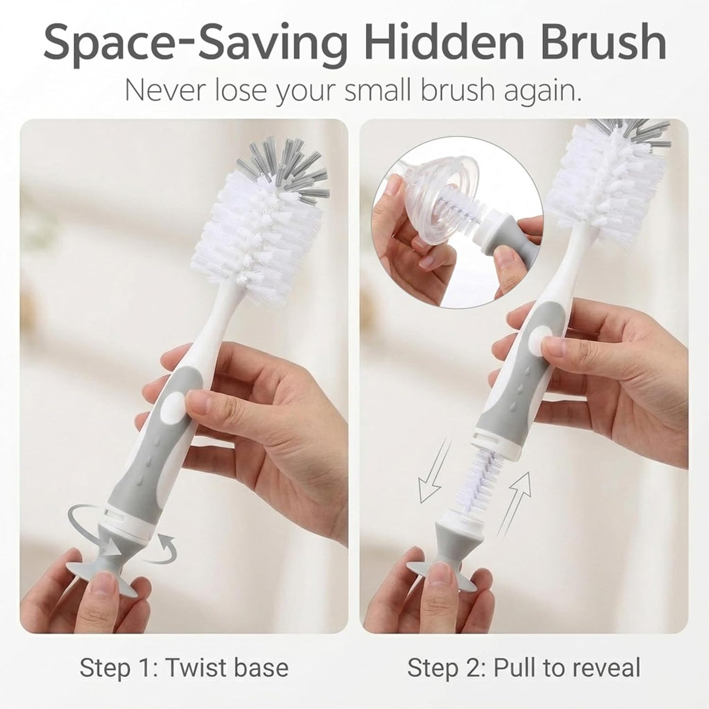 Ariseno 5-in-1 Baby Bottle Cleaner Set, Including Nylon & Silicone Bottle Brush, Cap, Straw & Nipple Brushes, BPA-Free (Grey)