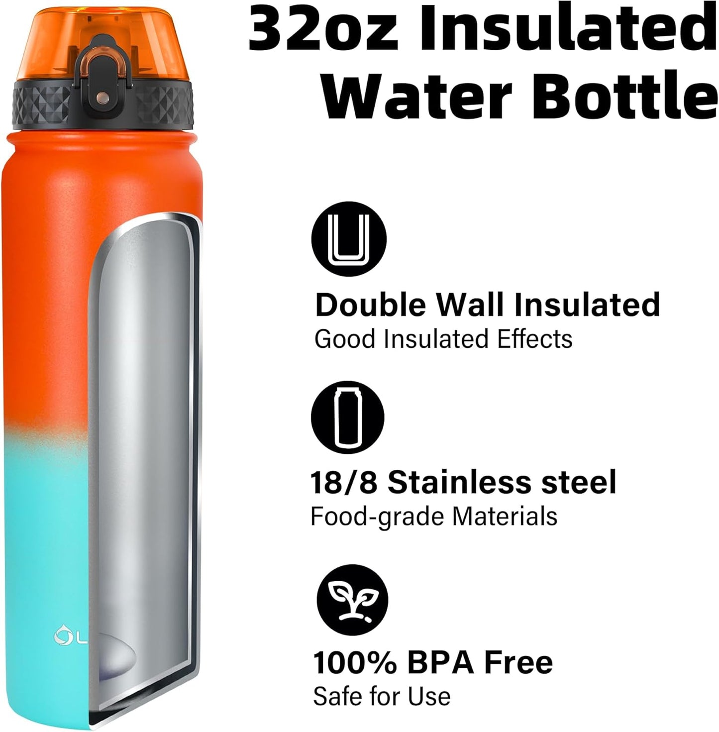 Oldley Insulated Water Bottle 20oz for Adults Kids Stainless Steel Water Bottles with Straw/Chug/Carabiner 3 Lids Fruit Strainer Double Wall Vacuum Wide Mouth BPA Free Leak-Proof for School Travel