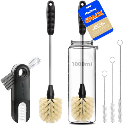 Holikme 6 Pack Bottle Brush Set, 14" Long Handle Stainless Steel Bottle Cleaner Brush, 3 Straw Brushes, 4-in-1 Bottle Cleaning Brush for Water Bottle, Antistatic Lab Brushes Straws, Black