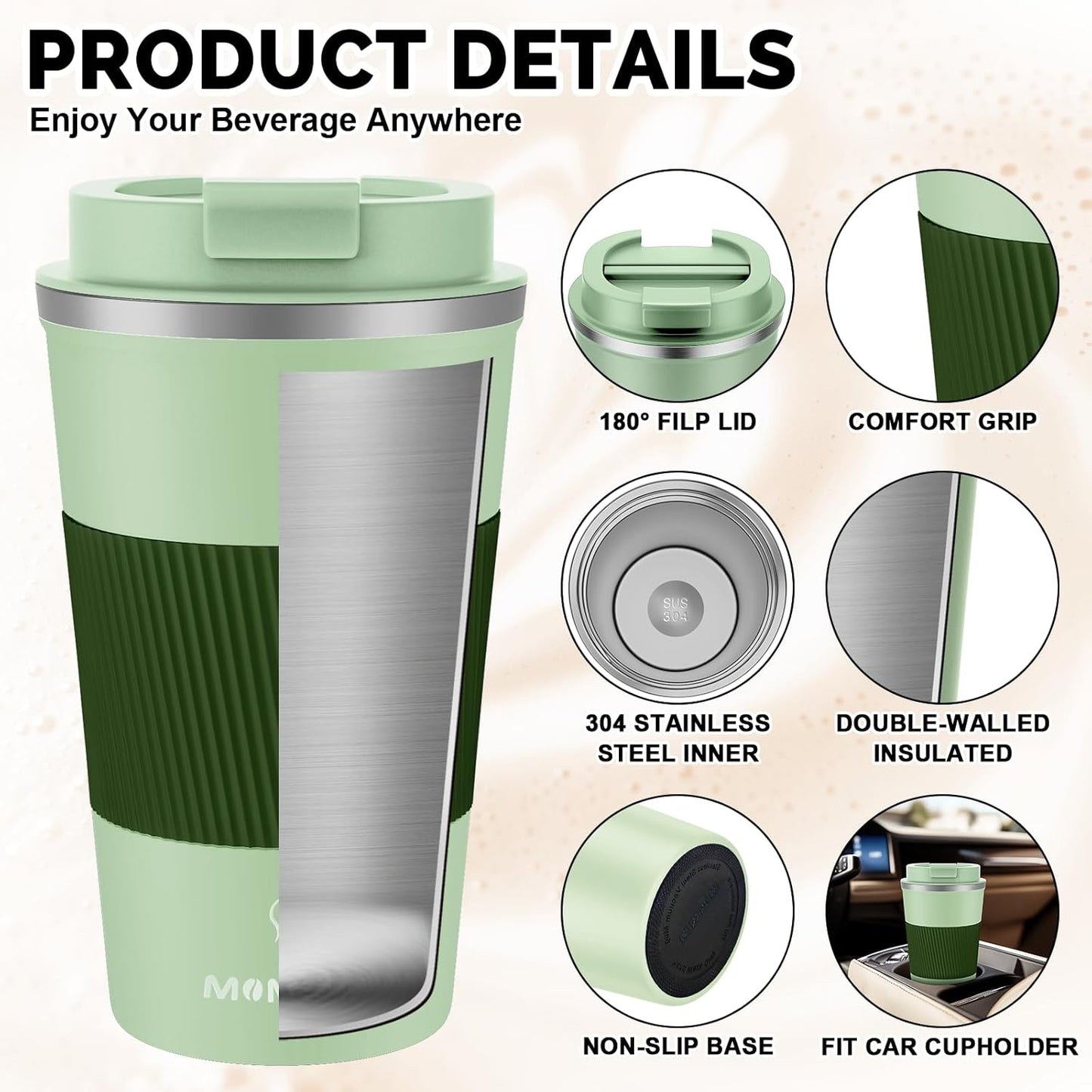 MOMSIV 12oz Travel Mug, Insulated Coffee Cup with Leakproof Lid, Travel Coffee Mug Vacuum Stainless Steel Double Walled Reusable Coffee Cup for Hot and Cold Water Coffee