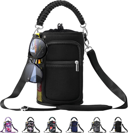 AceTreker 32/40/64/87/128 oz Water Bottle Carrier Bag, Neoprene Water Bottle Sleeve with 4 Pocket, Sport Water Holder with Paracord Handle and Shoulder Strap for Walking Hiking Camping Gym