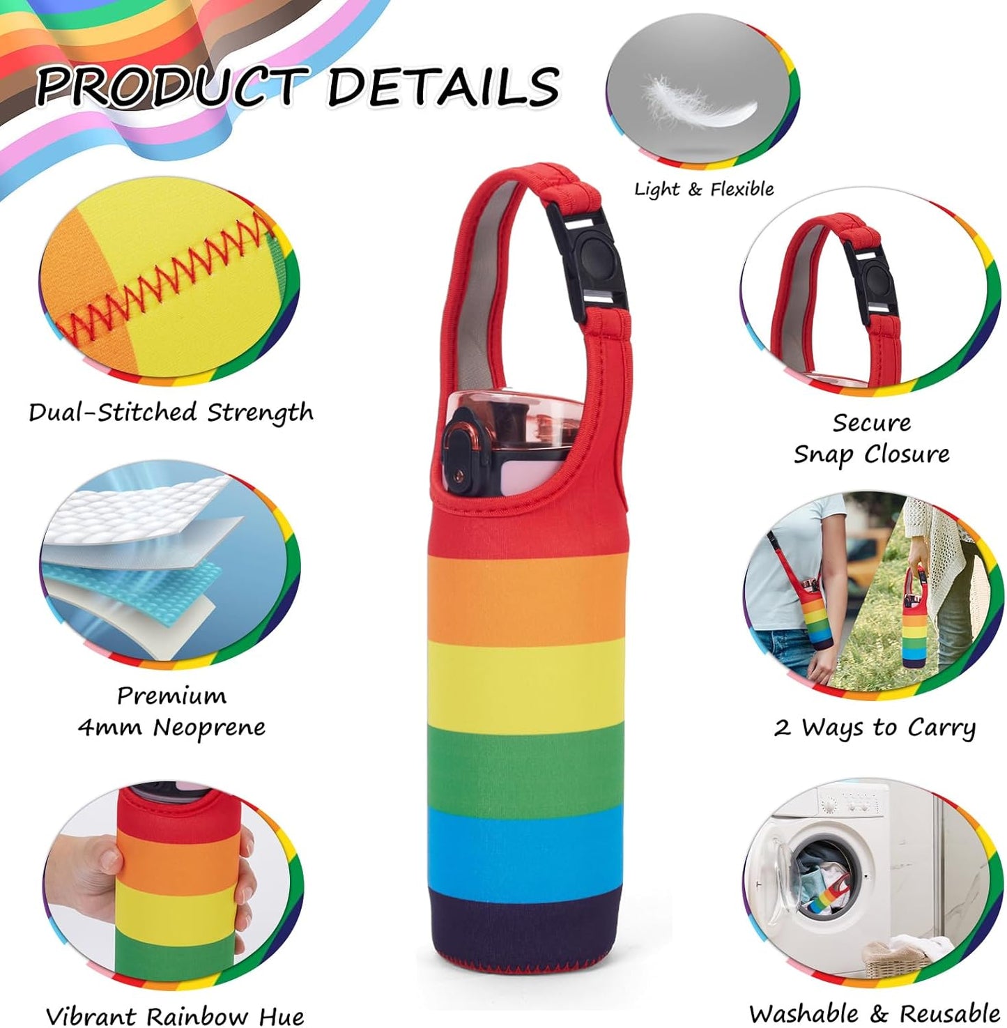 Rainbow Water Bottle Pouch, Neoprene Water Bottle Holder with Adjustable Handle Strap, Gym Shoulder Bag for Men Women – Crossbody Sling Bag, Bike Cup Holder(Workout/Hiking/Travel)