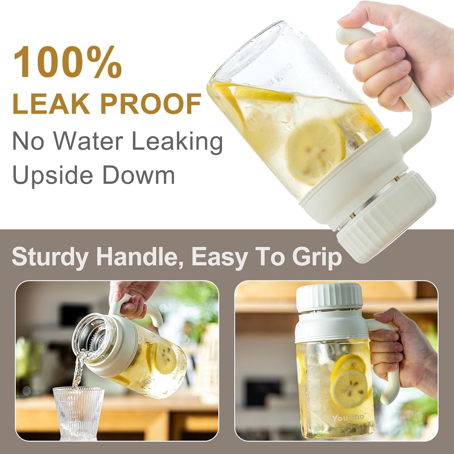 32oz Tea Infuser Bottle - Large Glass Water Bottle with Removable Infuser for Loose Leaf Tea & Fruit, Leakproof, Lead-free, Wide Mouth for Easy Cleaning - Handle for Hot & Cold Beverages (White)