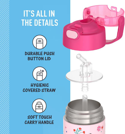 THERMOS FUNTAINER Water Bottle with Straw - 12 Ounce - Kids Stainless Steel Vacuum Insulated Water Bottle with Lid, Bluey - Colors A