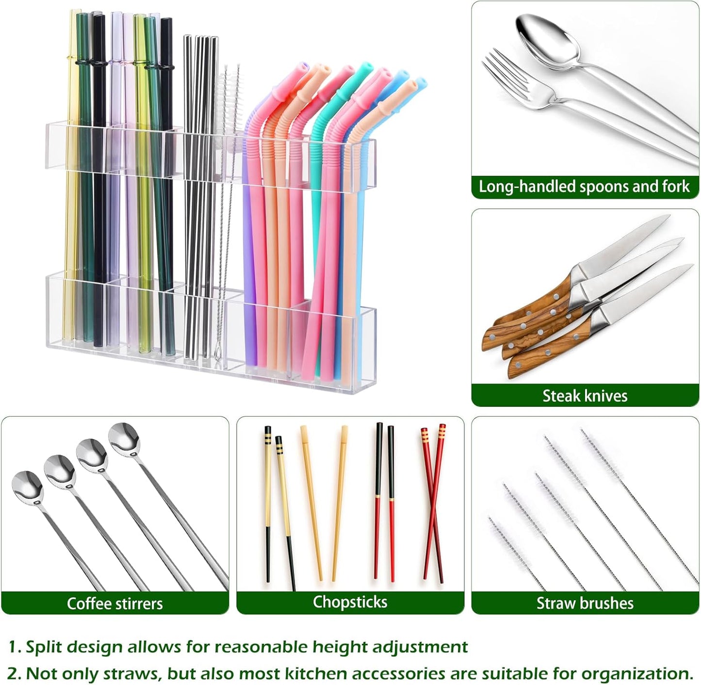 9.5” Large Acrylic Straw Holder for Cabinet Door - Ultra Sticky Adhesive Squares, Reusable Adjustable Organizer for Straws, Fits Kitchen Counter, Cupboard, Storage Dispenser（Transparent） (1 PACK)