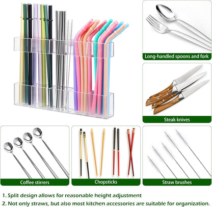 9.5” Large Acrylic Straw Holder for Cabinet Door - Ultra Sticky Adhesive Squares, Reusable Adjustable Organizer for Straws, Fits Kitchen Counter, Cupboard, Storage Dispenser（Transparent） (1 PACK)